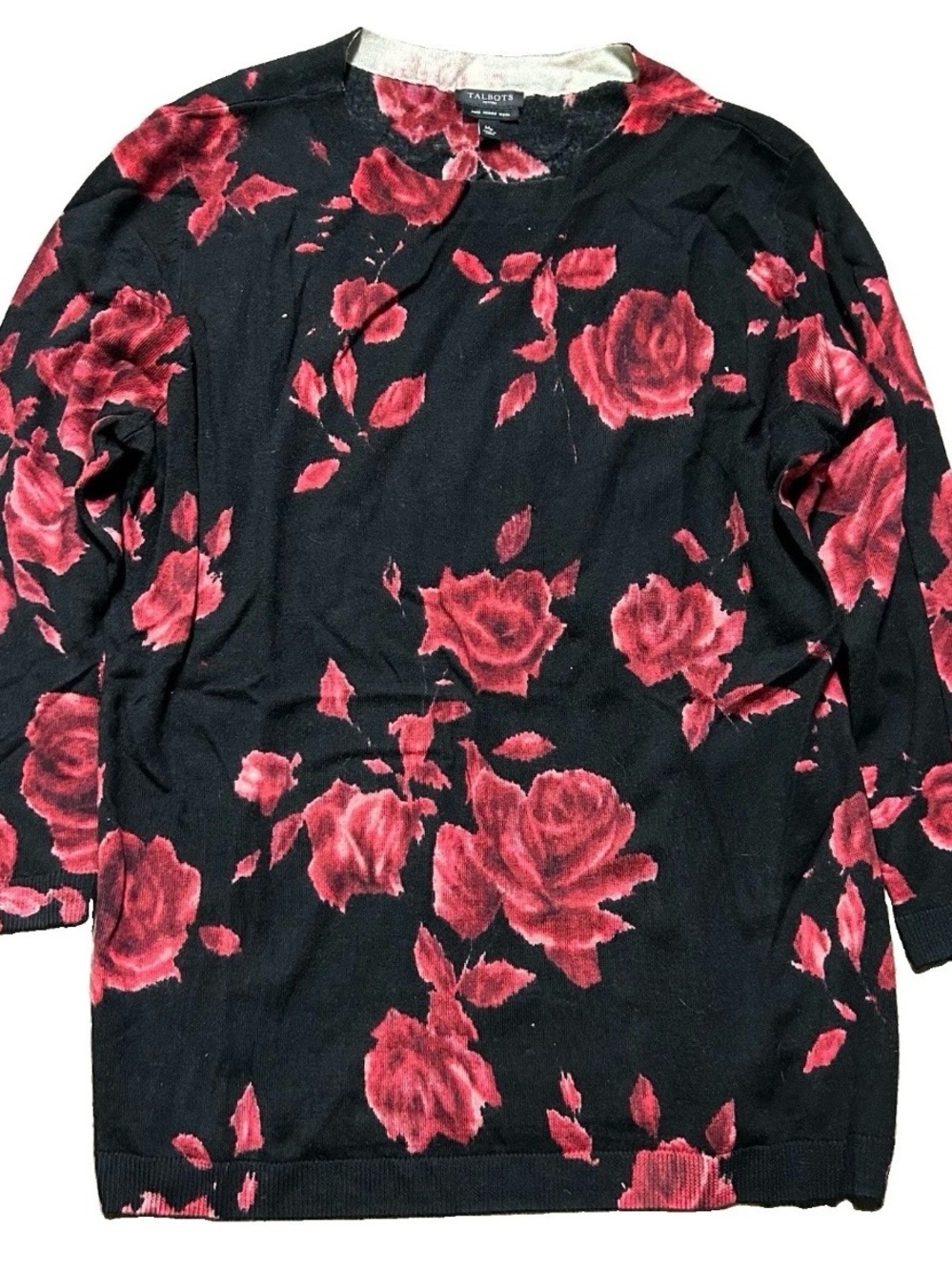 Women’s Talbots Merino Wool Black Floral Sweater Size Medium Petite